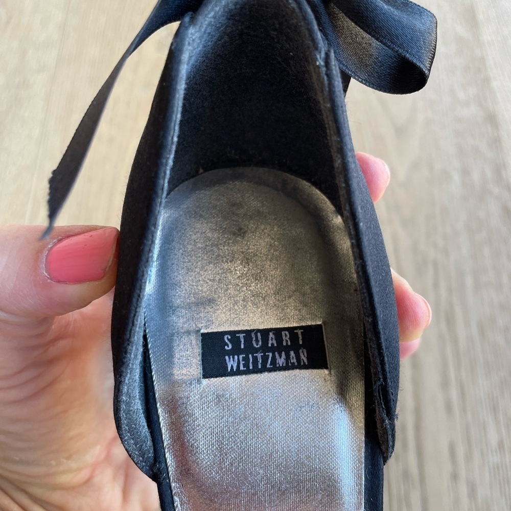 Stuart Weitzman Black Satin Bow Heels Crystal Pointed Toe Pumps 7.5 - Picture 5 of 7